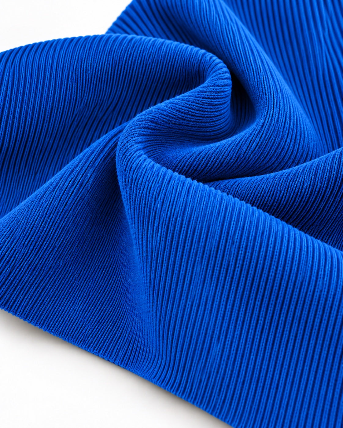 Blue rib knit fabric showing fine vertical ribs and a dense elastic texture.